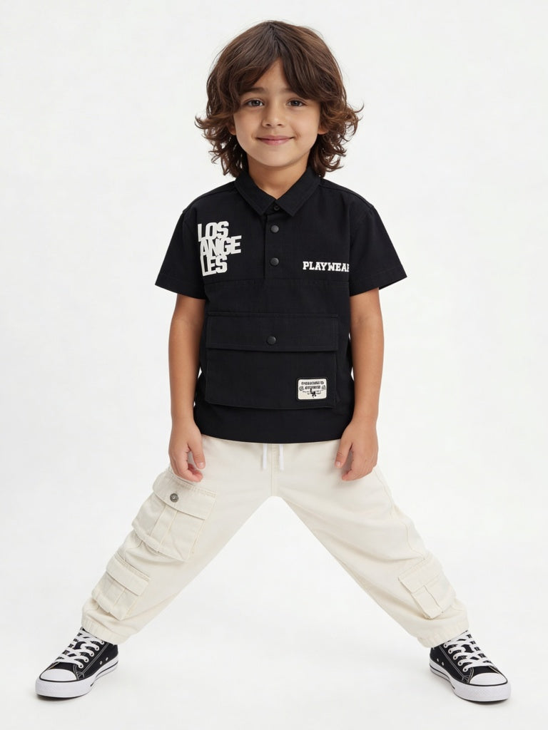HOP Kids Boys Black Text Printed Cotton Shirt
