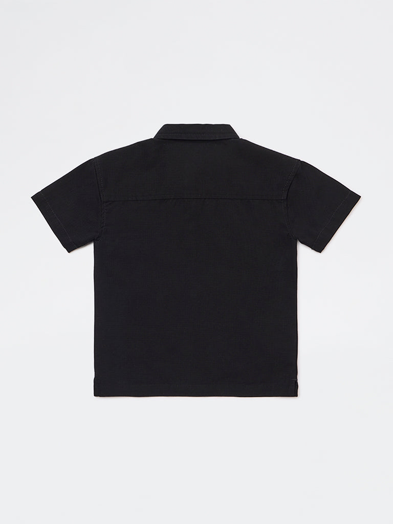 HOP Kids Boys Black Text Printed Cotton Shirt