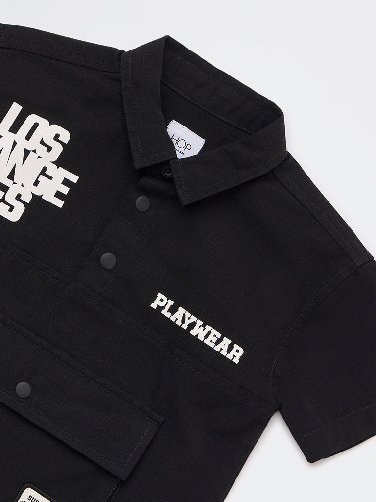 HOP Kids Boys Black Text Printed Cotton Shirt
