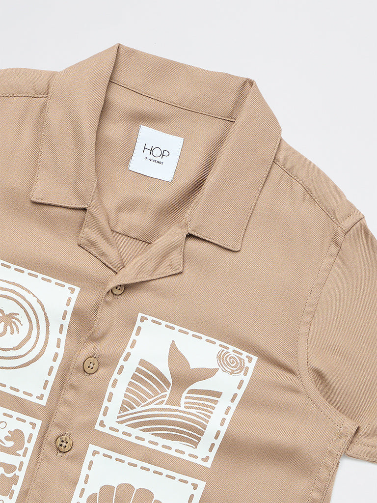 HOP Kids Boys Taupe Graphic Printed Shirt