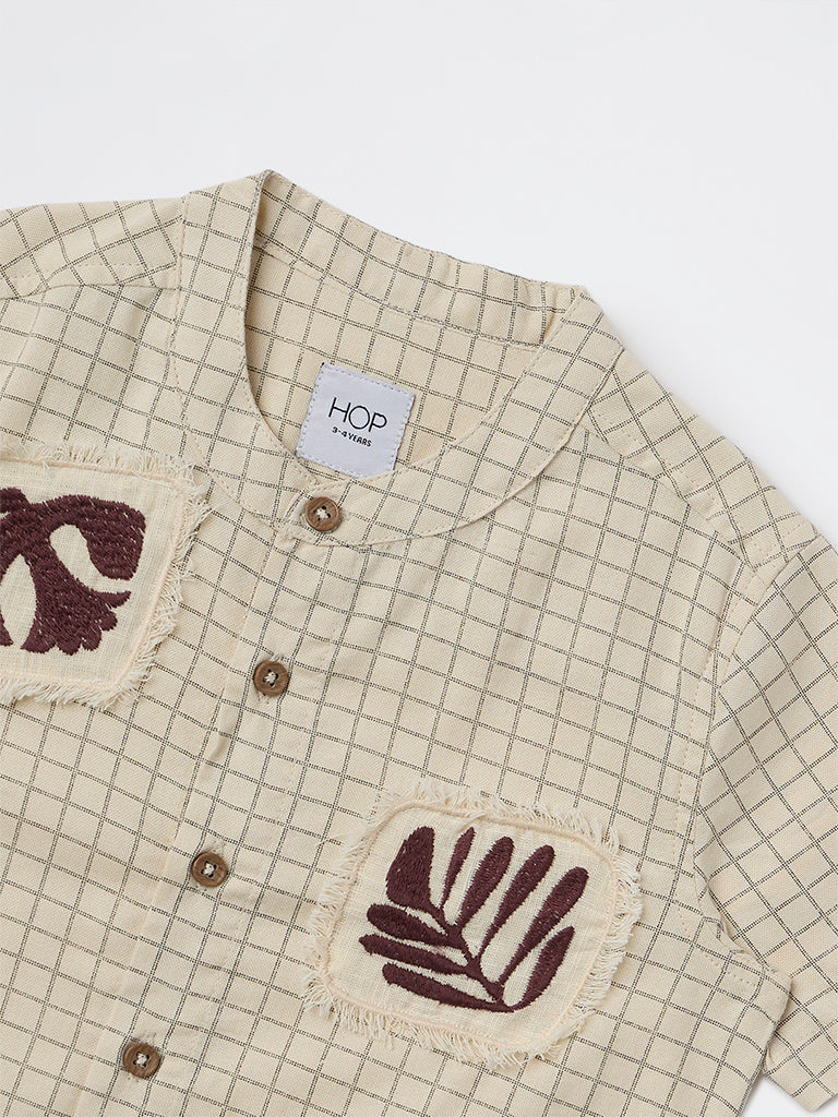 HOP Kids Boys Beige Tropical-Inspired Cotton Shirt