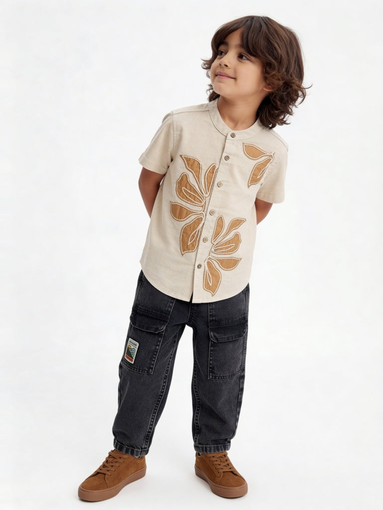 HOP Kids Boys Beige Floral Embroidered Cotton-Blend Shirt