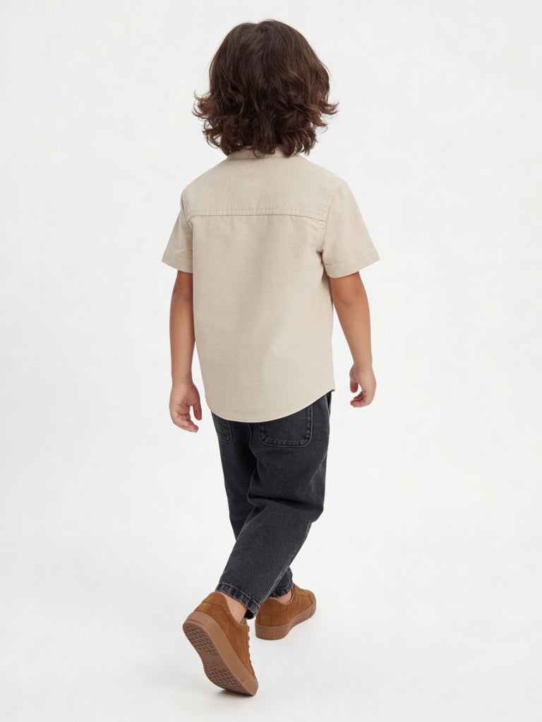 HOP Kids Boys Beige Floral Embroidered Cotton-Blend Shirt