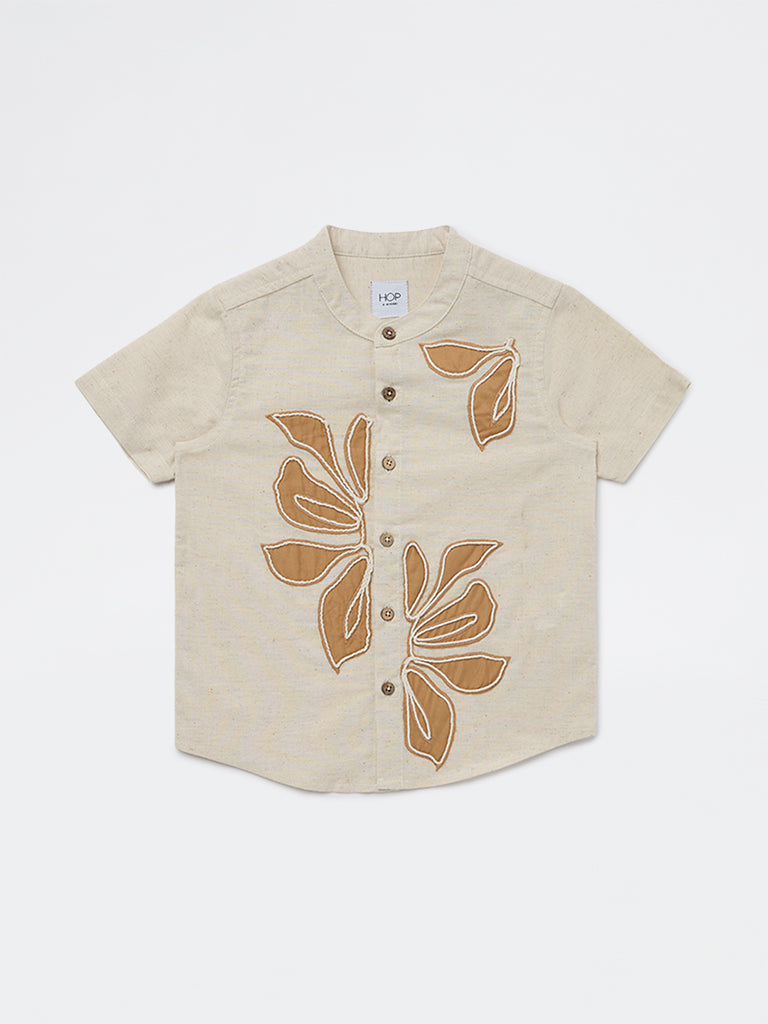 HOP Kids Boys Beige Floral Embroidered Cotton-Blend Shirt