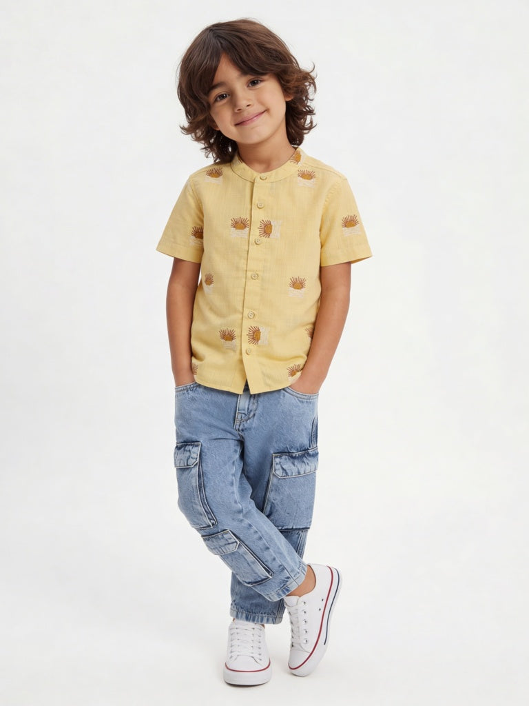 HOP Kids Boys Light Yellow Embroidered Cotton Shirt