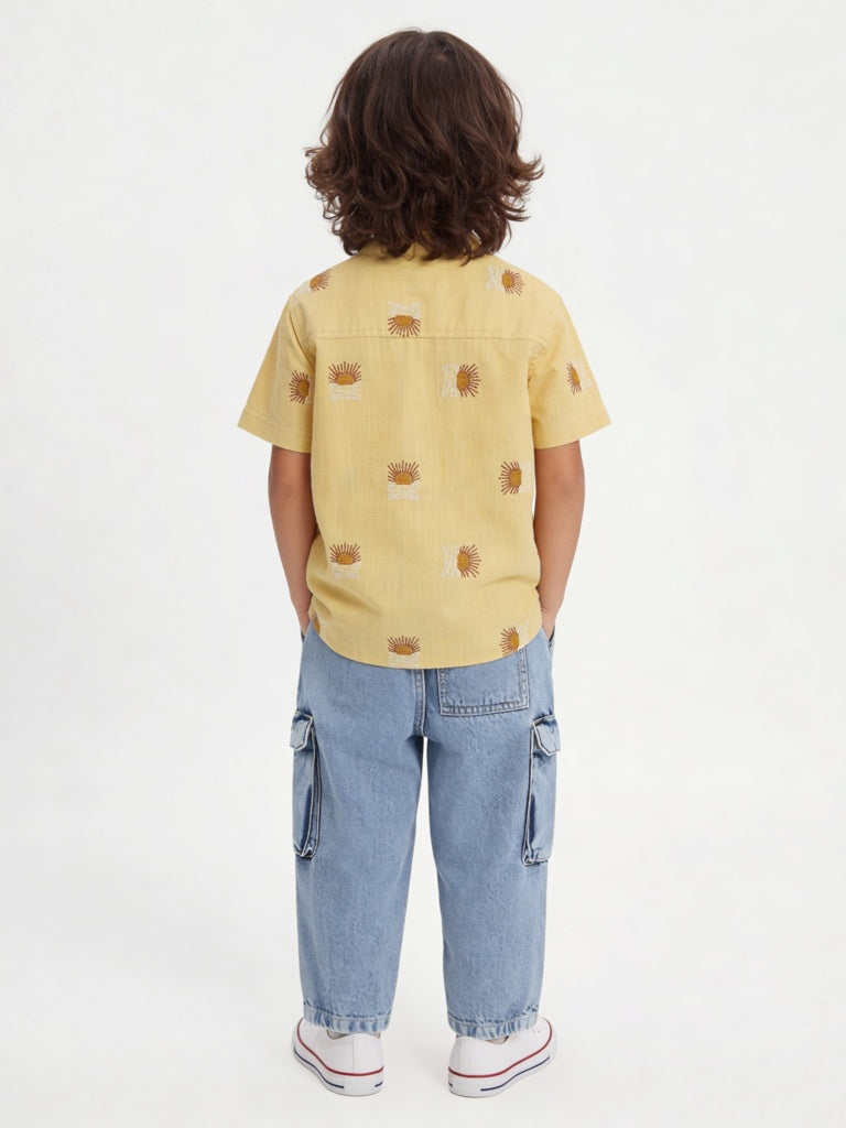 HOP Kids Boys Light Yellow Embroidered Cotton Shirt