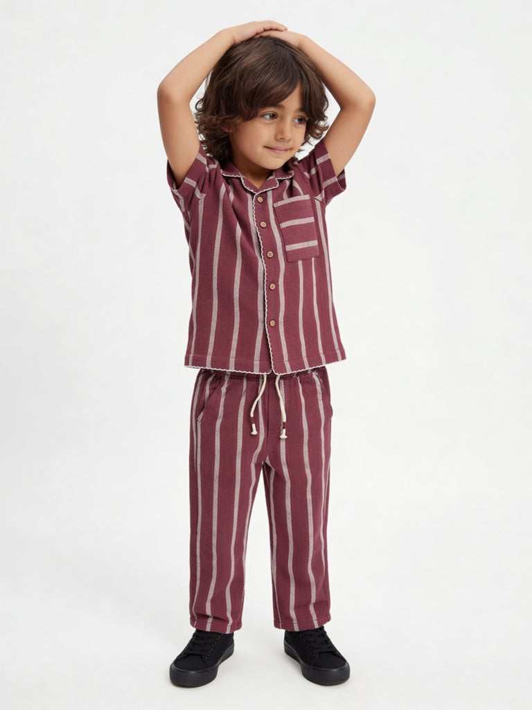 HOP Kids Boys Plum Stripe Printed Cotton Shirt