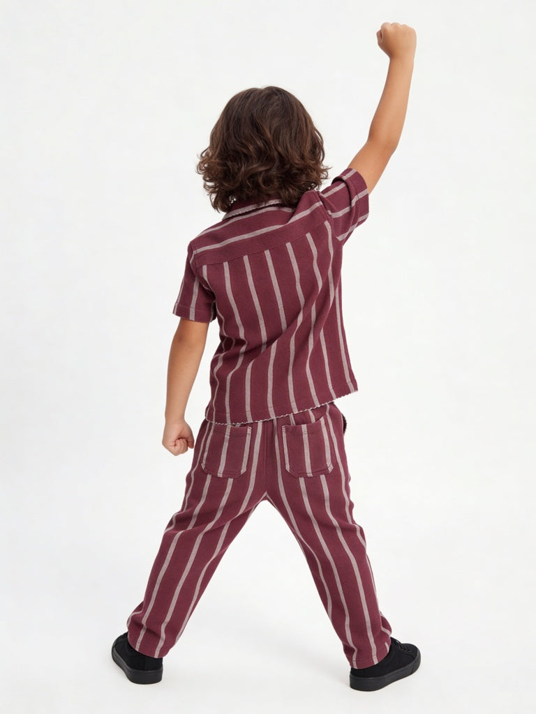 HOP Kids Boys Plum Stripe Printed Cotton Shirt