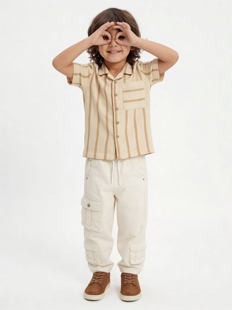 HOP Kids Boys Cream Striped Cotton Shirt