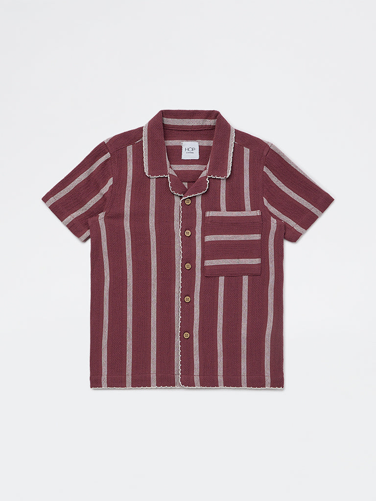HOP Kids Boys Plum Stripe Printed Cotton Shirt