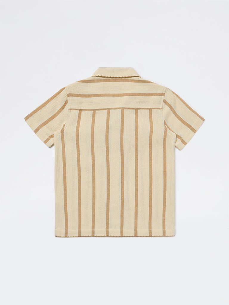 HOP Kids Boys Cream Striped Cotton Shirt