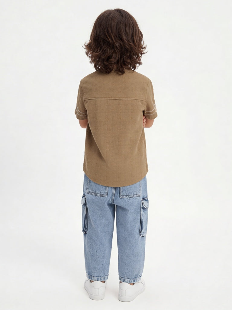 HOP Kids Boys Taupe Floral Embroidered Cotton Shirt