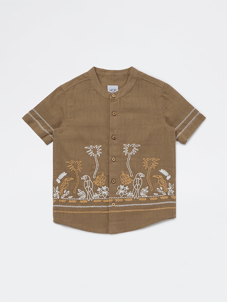 HOP Kids Boys Taupe Floral Embroidered Cotton Shirt