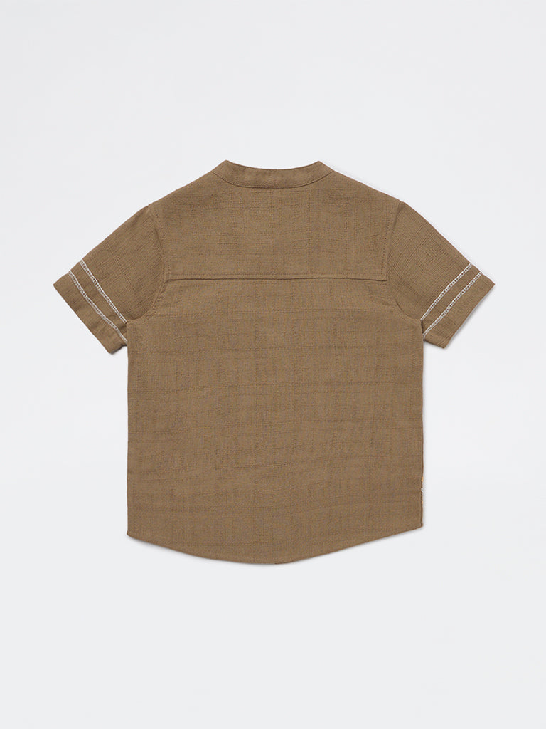 HOP Kids Boys Taupe Floral Embroidered Cotton Shirt