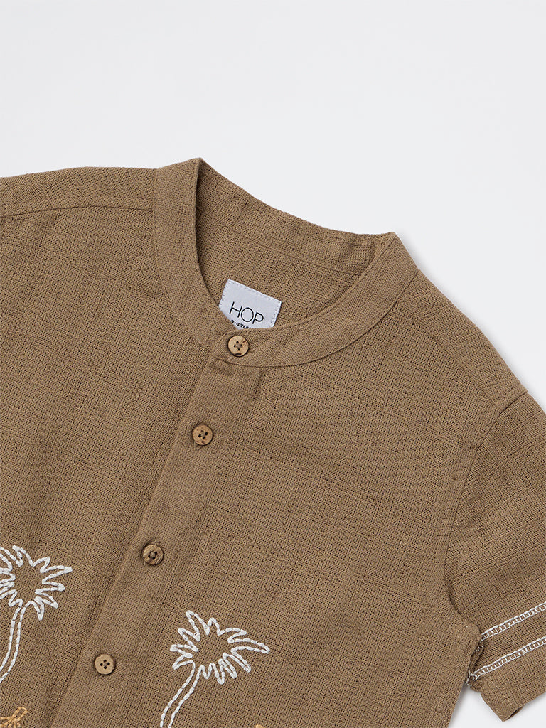 HOP Kids Boys Taupe Floral Embroidered Cotton Shirt