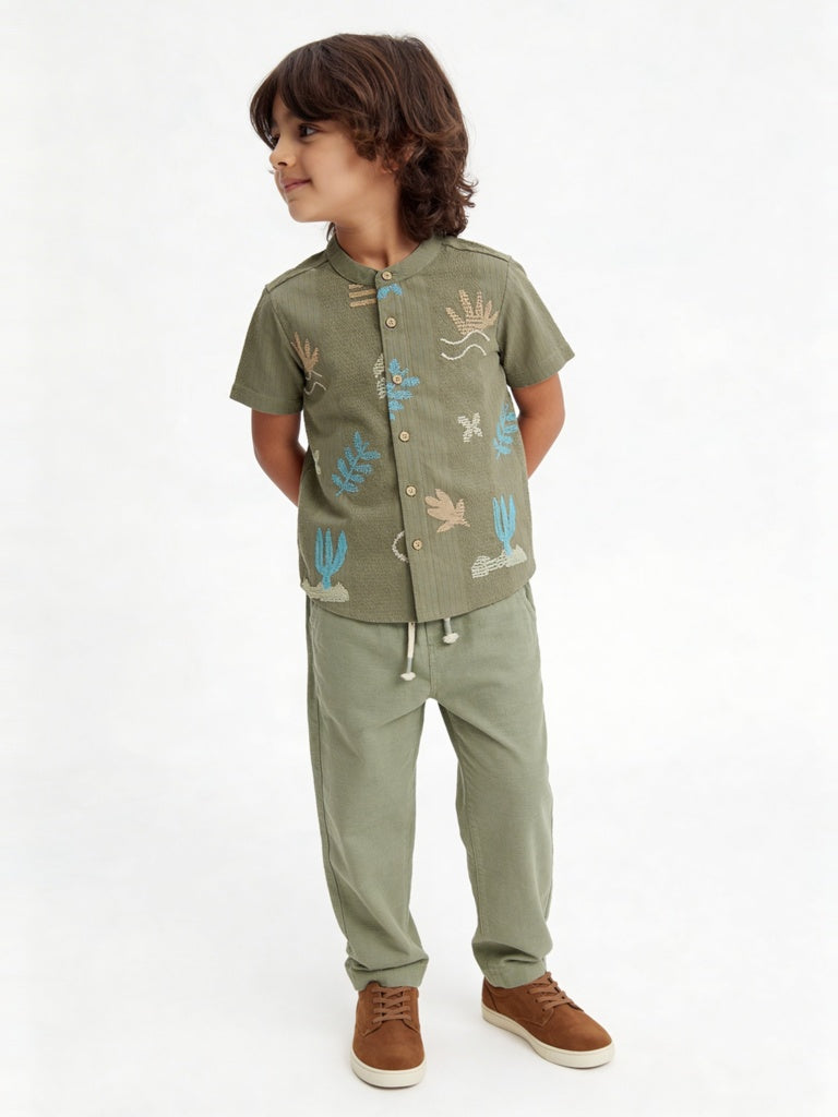 HOP Kids Boys Olive Embroidered Cotton Shirt