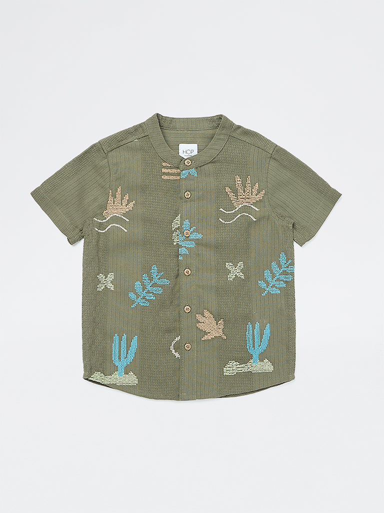 HOP Kids Boys Olive Embroidered Cotton Shirt