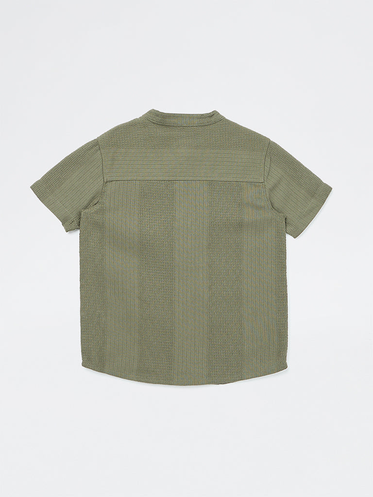HOP Kids Boys Olive Embroidered Cotton Shirt