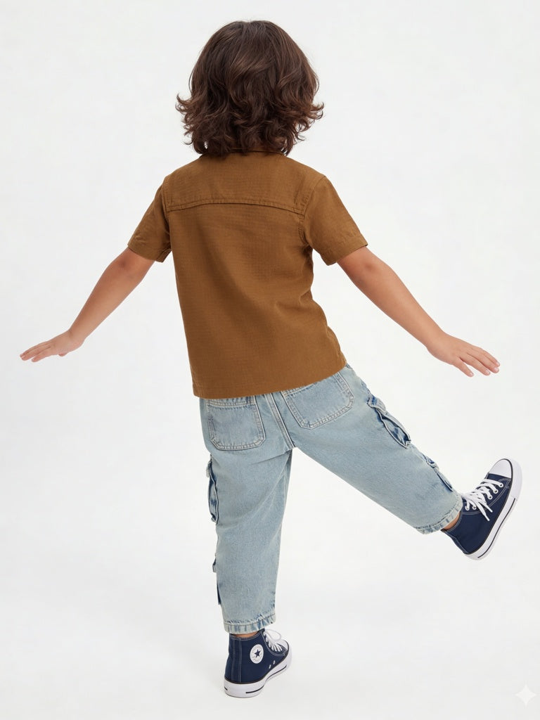 HOP Kids Boys Brown Embroidered Cotton Shirt