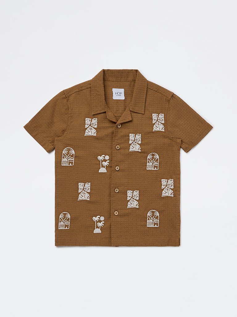 HOP Kids Boys Brown Embroidered Cotton Shirt