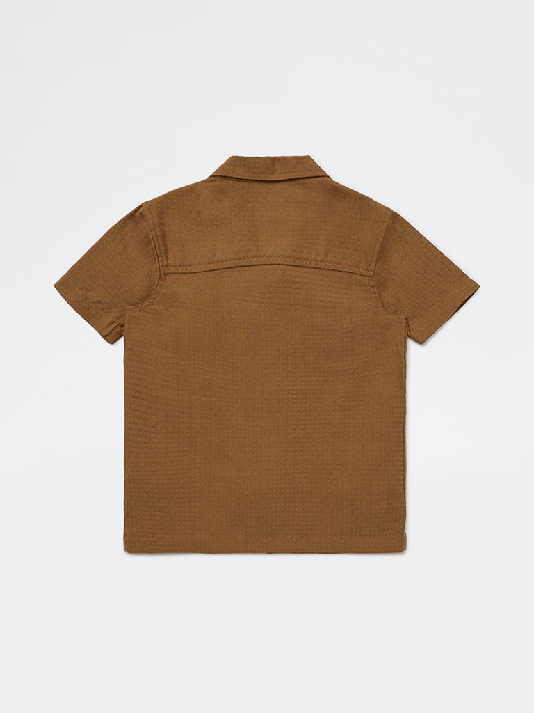 HOP Kids Boys Brown Embroidered Cotton Shirt