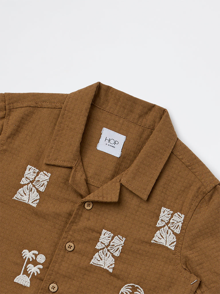 HOP Kids Boys Brown Embroidered Cotton Shirt