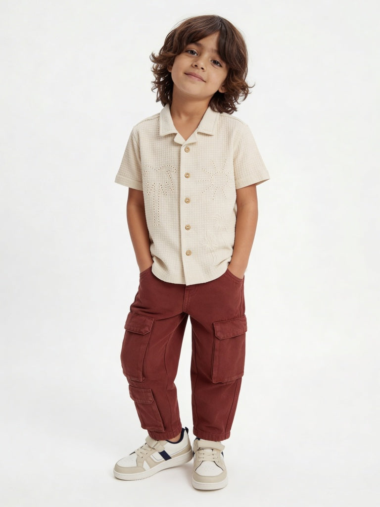 HOP Kids Boys Off-White Waffle-Textured Cotton Shirt