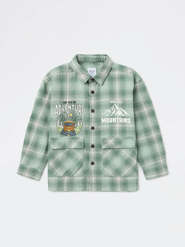 HOP Kids Boys Green Check Graphic Printed Cotton Shirt