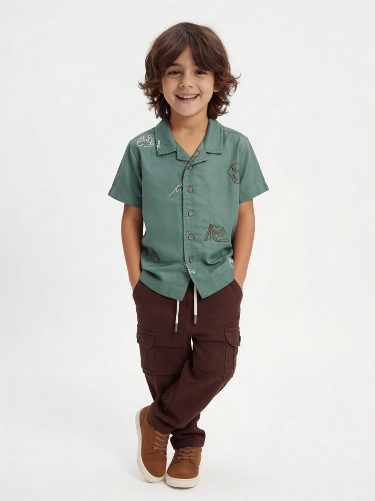 HOP Kids Boys Olive Embroidered Shirt