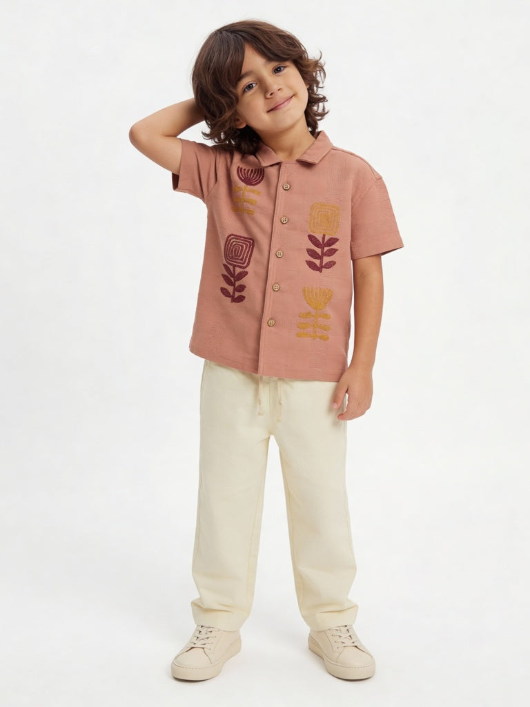 HOP Kids Boys Dusty Pink Floral Embroidered Cotton Shirt