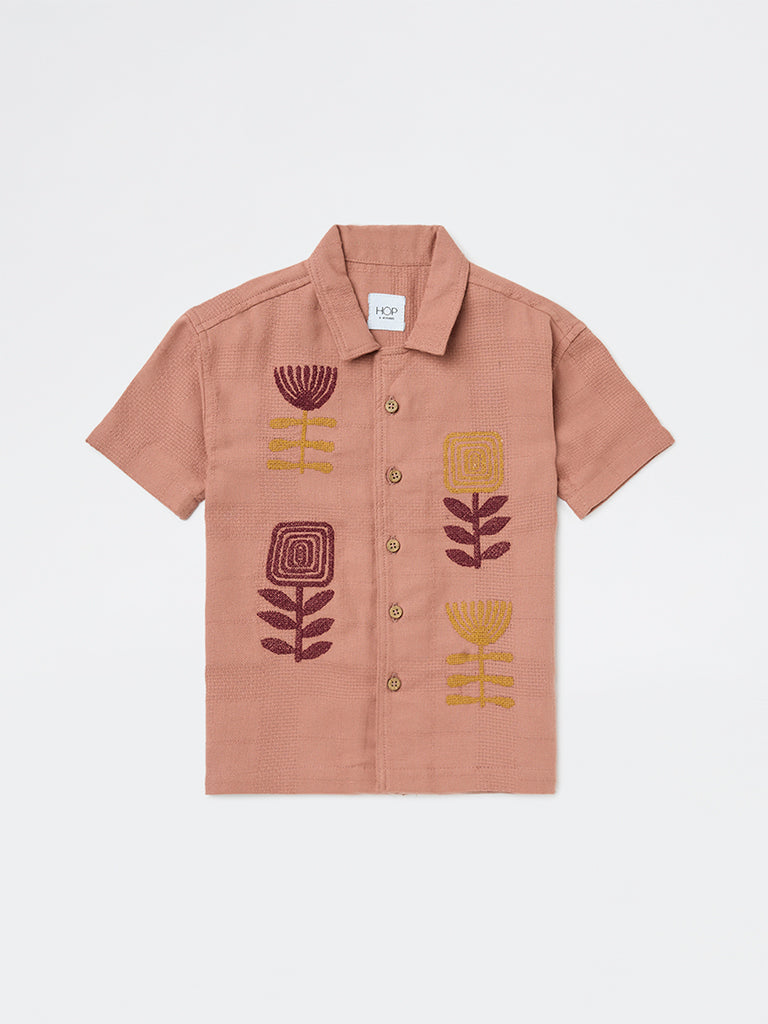 HOP Kids Boys Dusty Pink Floral Embroidered Cotton Shirt