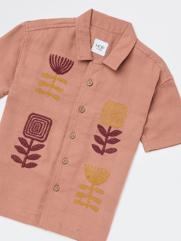 HOP Kids Boys Dusty Pink Floral Embroidered Cotton Shirt