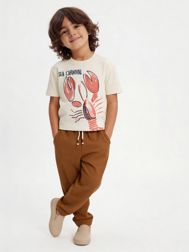 HOP Kids Boys Off-White Sea-Life Printed Cotton T-Shirt