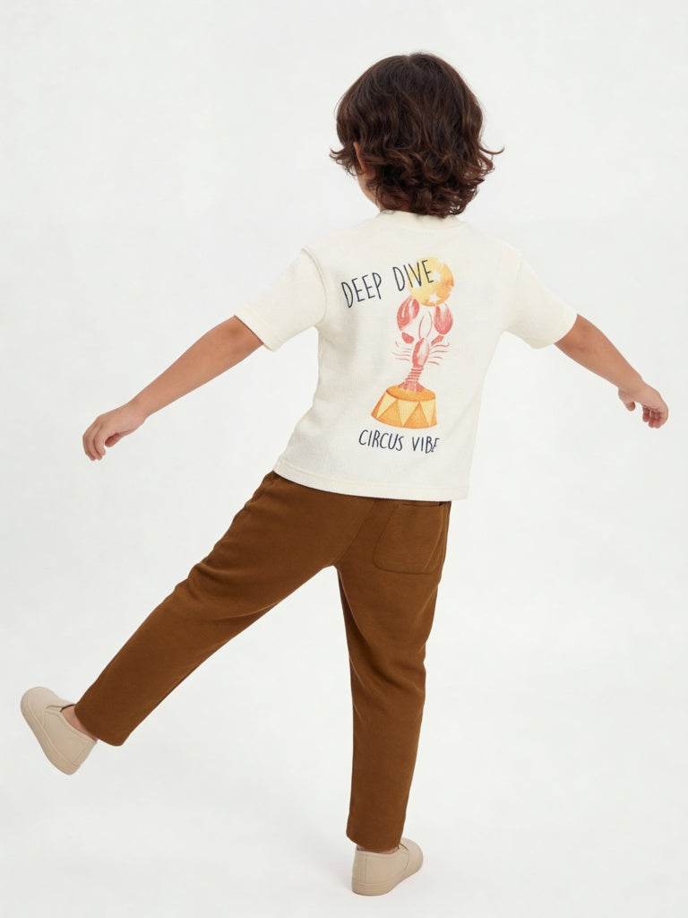 HOP Kids Boys Off-White Sea-Life Printed Cotton T-Shirt