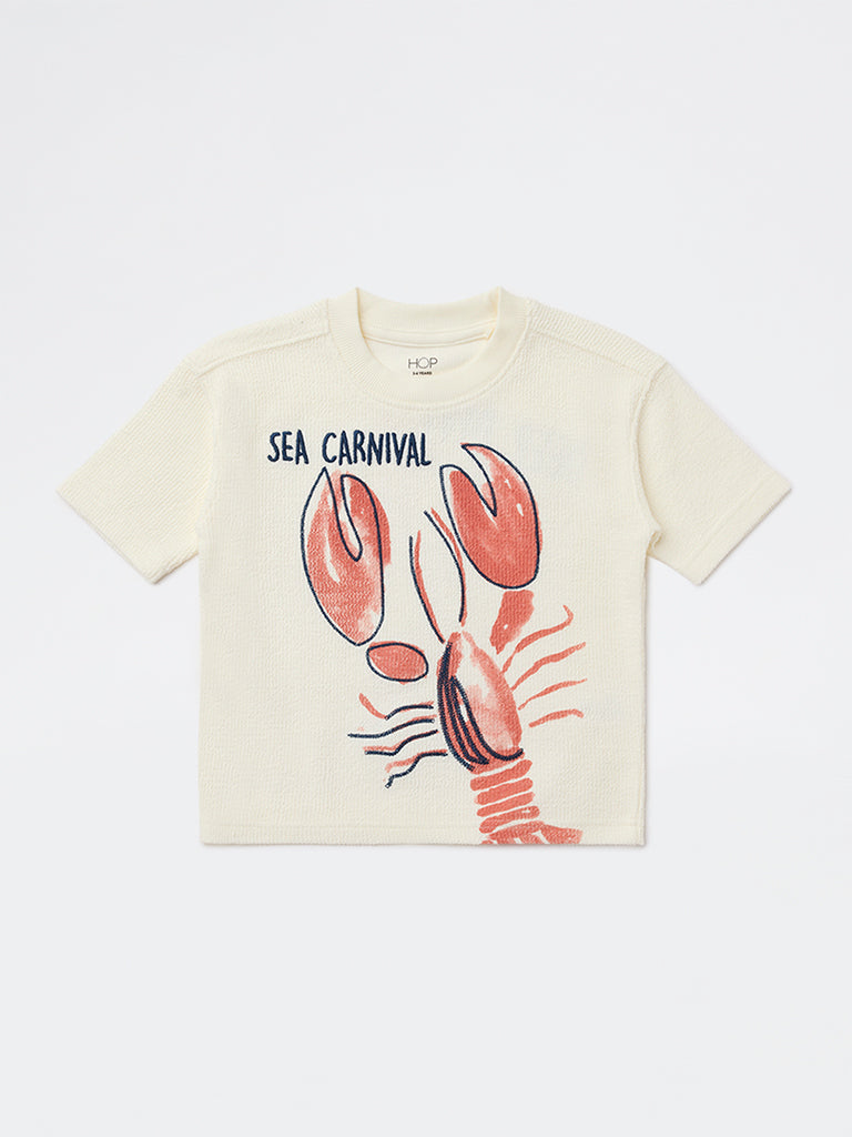 HOP Kids Boys Off-White Sea-Life Printed Cotton T-Shirt