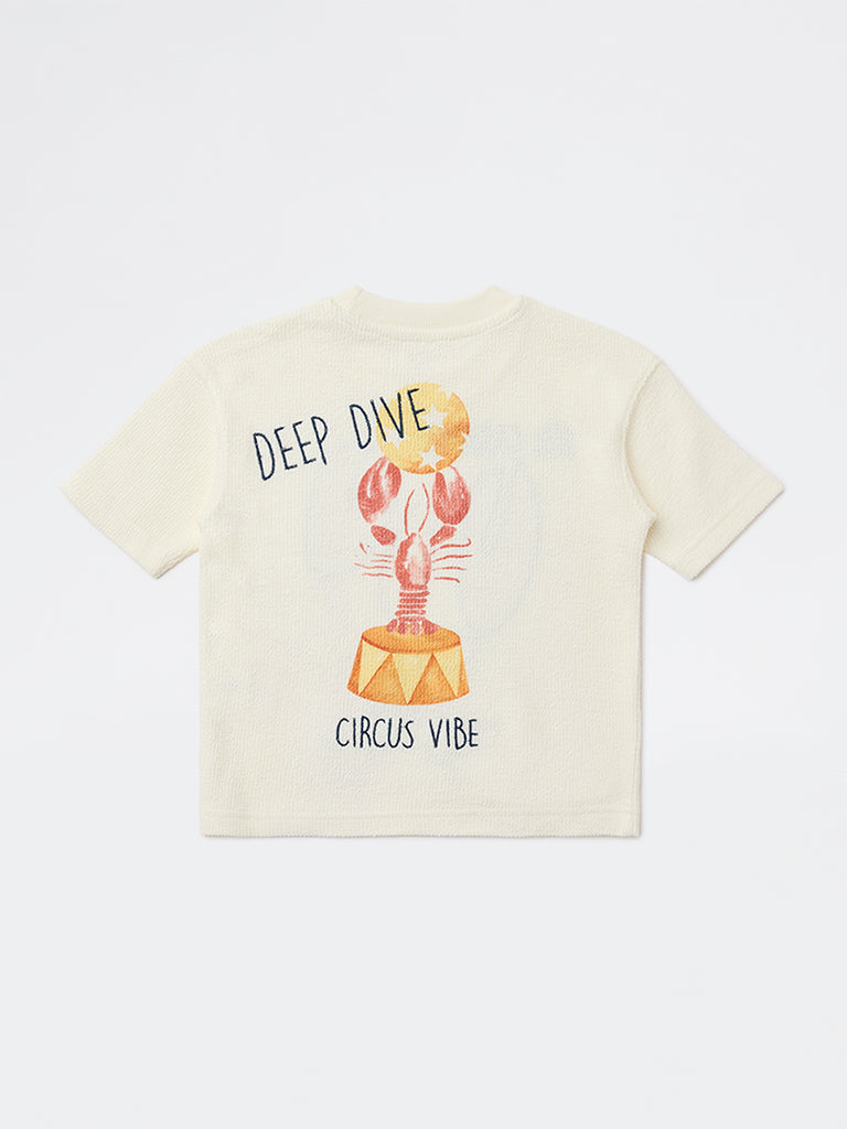 HOP Kids Boys Off-White Sea-Life Printed Cotton T-Shirt