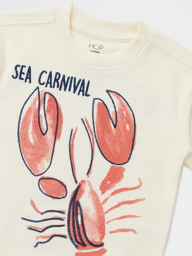 HOP Kids Boys Off-White Sea-Life Printed Cotton T-Shirt