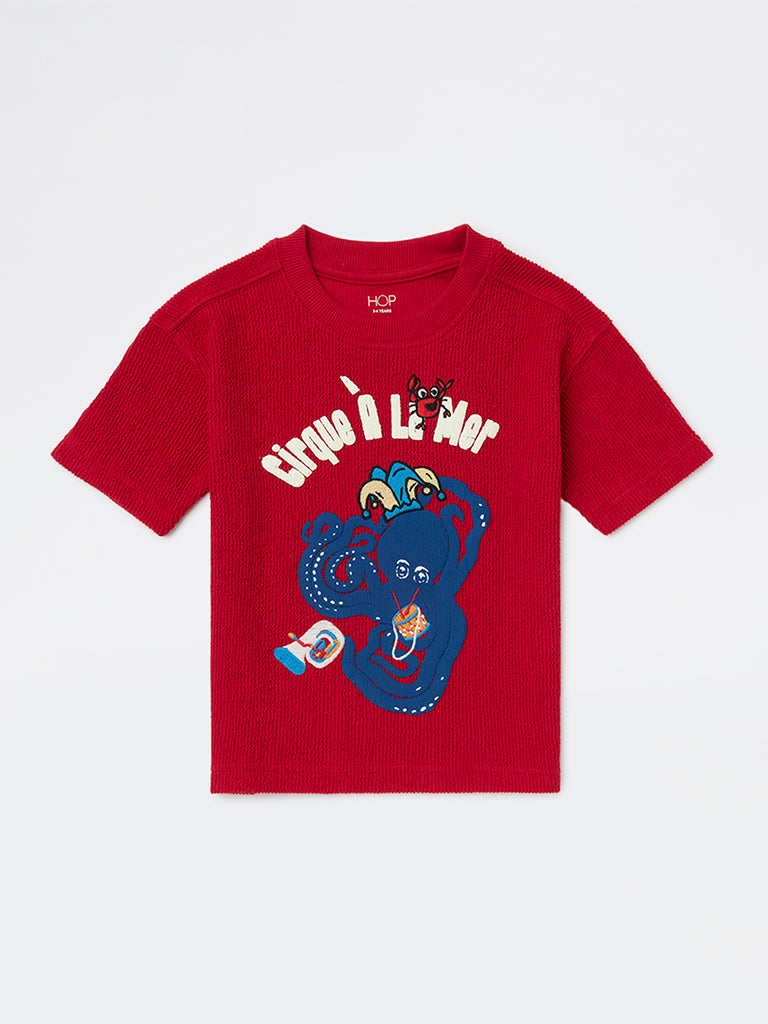 HOP Kids Boys Red Graphic Design Cotton T-Shirt
