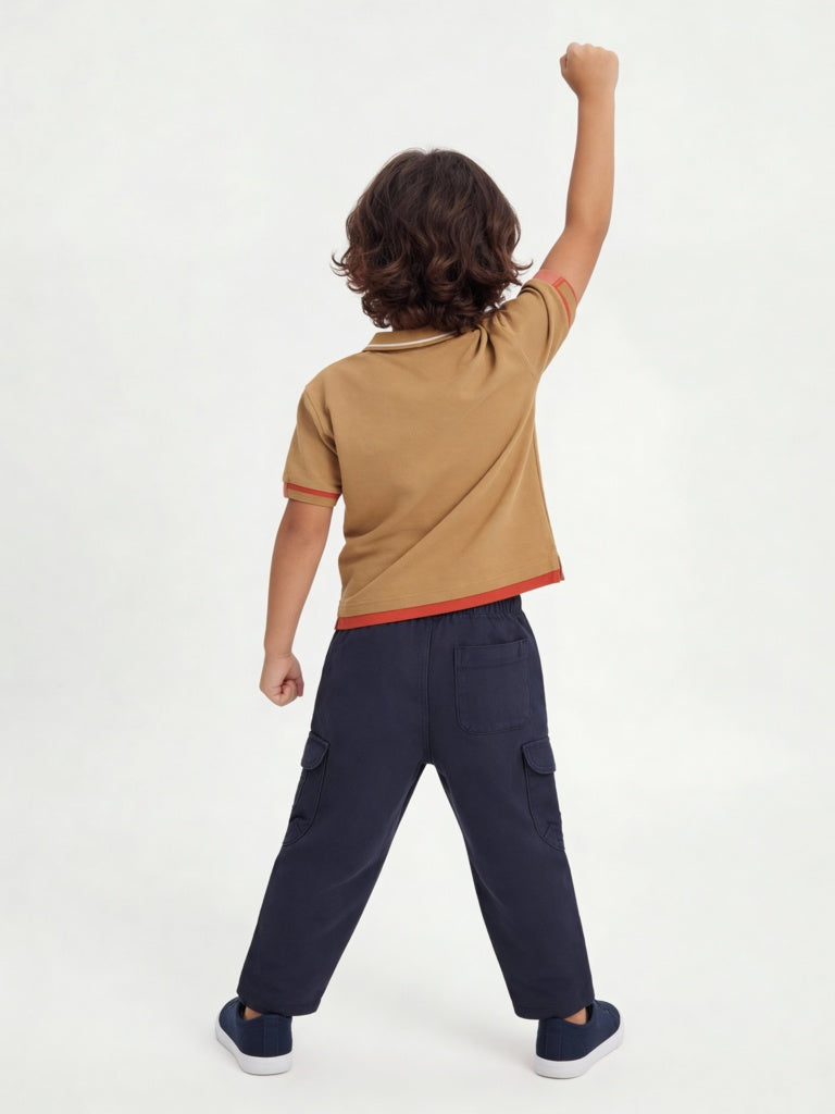 HOP Kids Boys Tan Basketball-Themed Cotton Polo T-Shirt