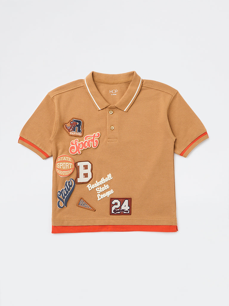 HOP Kids Boys Tan Basketball-Themed Cotton Polo T-Shirt