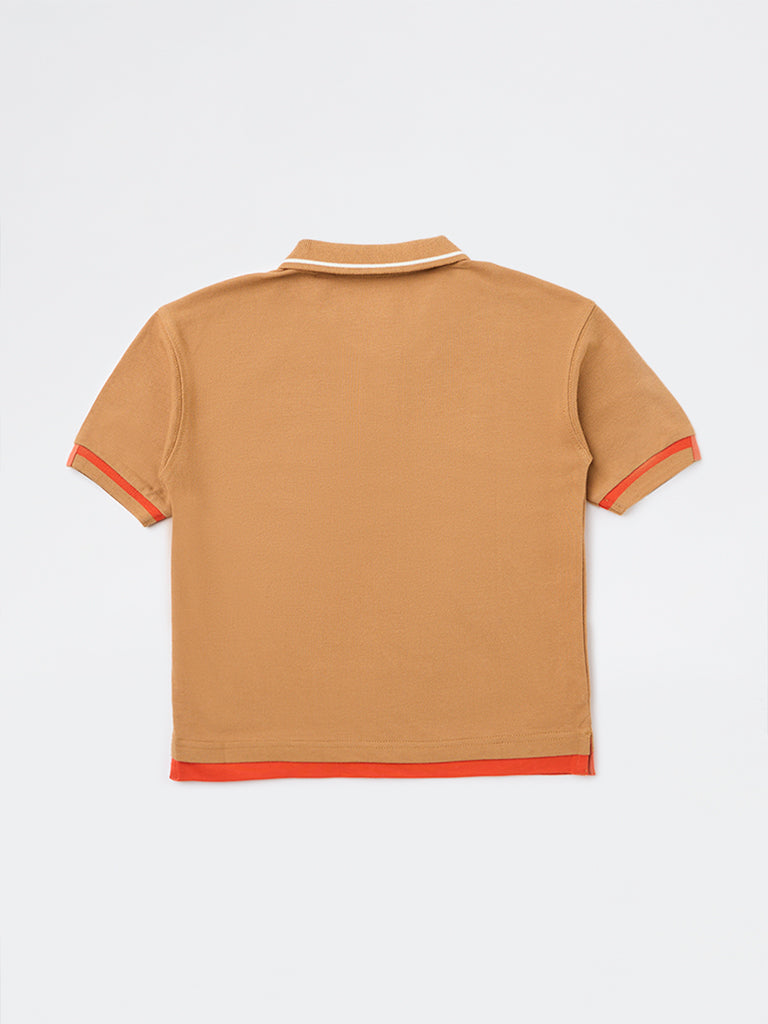 HOP Kids Boys Tan Basketball-Themed Cotton Polo T-Shirt