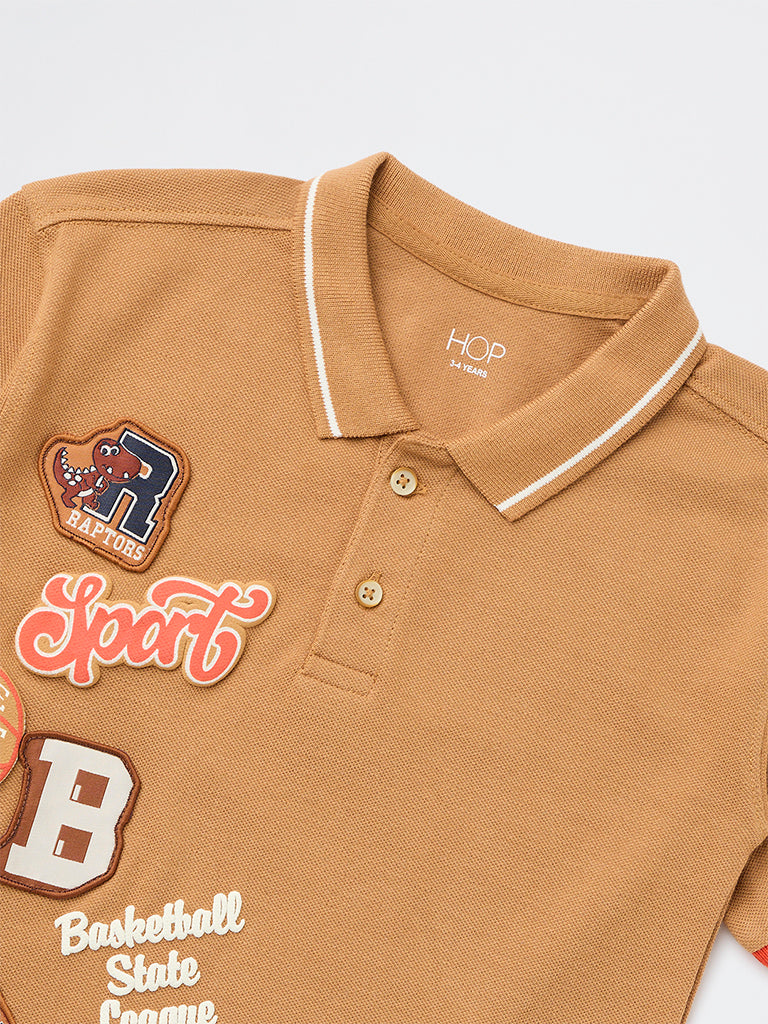HOP Kids Boys Tan Basketball-Themed Cotton Polo T-Shirt