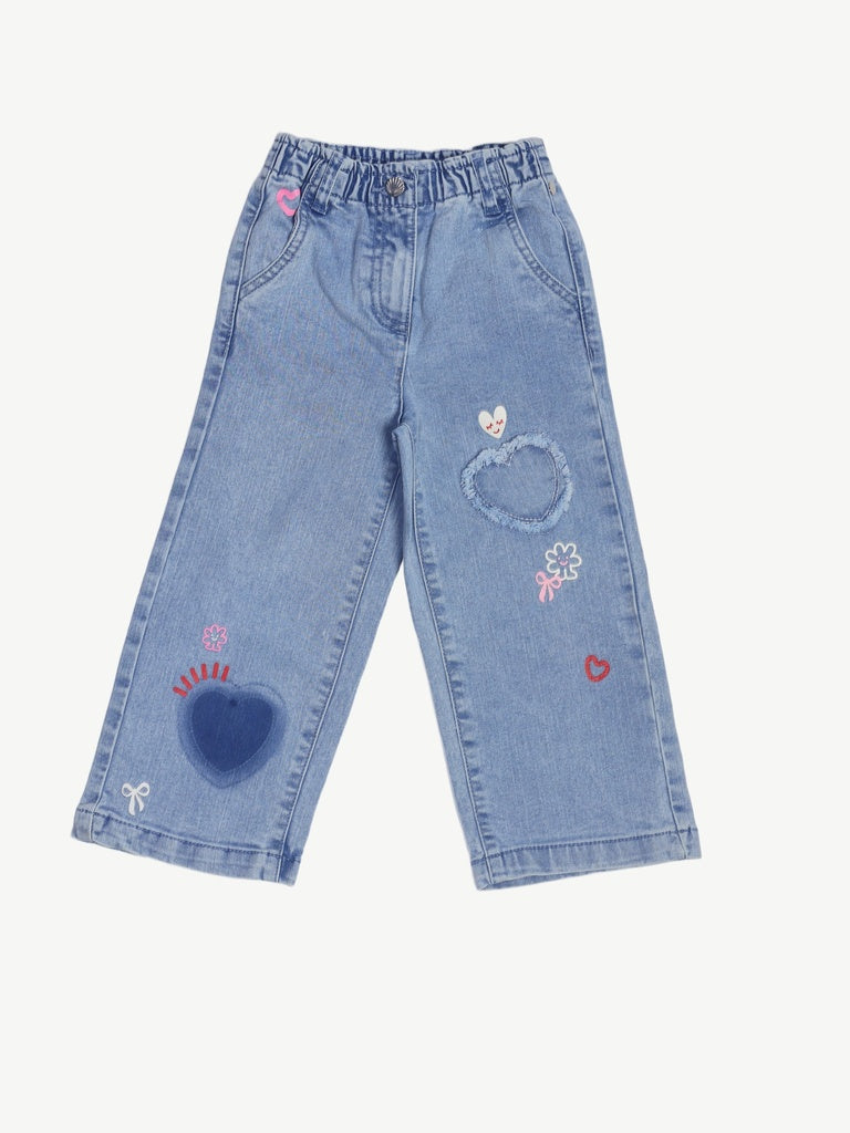 HOP Kids Girls Light Blue Floral Design Wide Leg Jeans