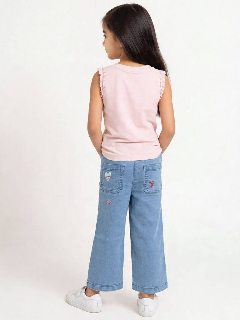 HOP Kids Girls Light Blue Floral Design Wide Leg Jeans