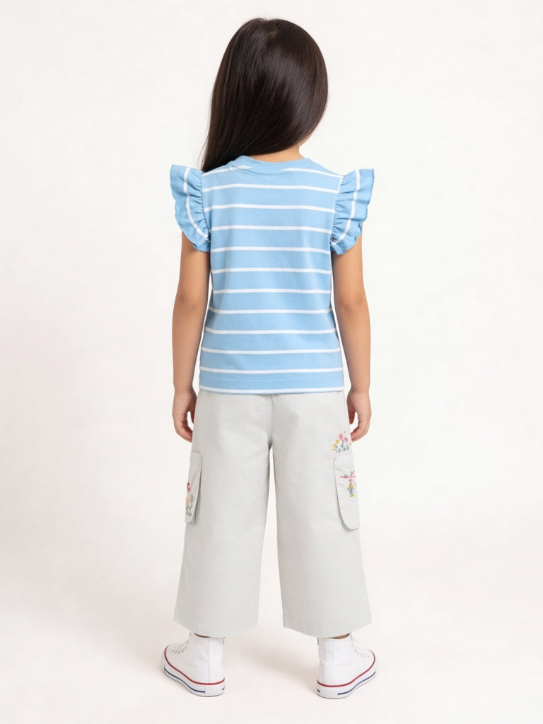 HOP Kids Girls White Embroidered High-Rise Cotton Cargo Pants
