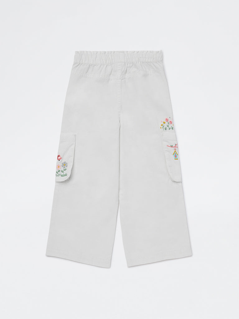 HOP Kids Girls White Embroidered High-Rise Cotton Cargo Pants