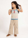 HOP Kids Girls Beige Floral Embroidered High-Rise Cotton Pants