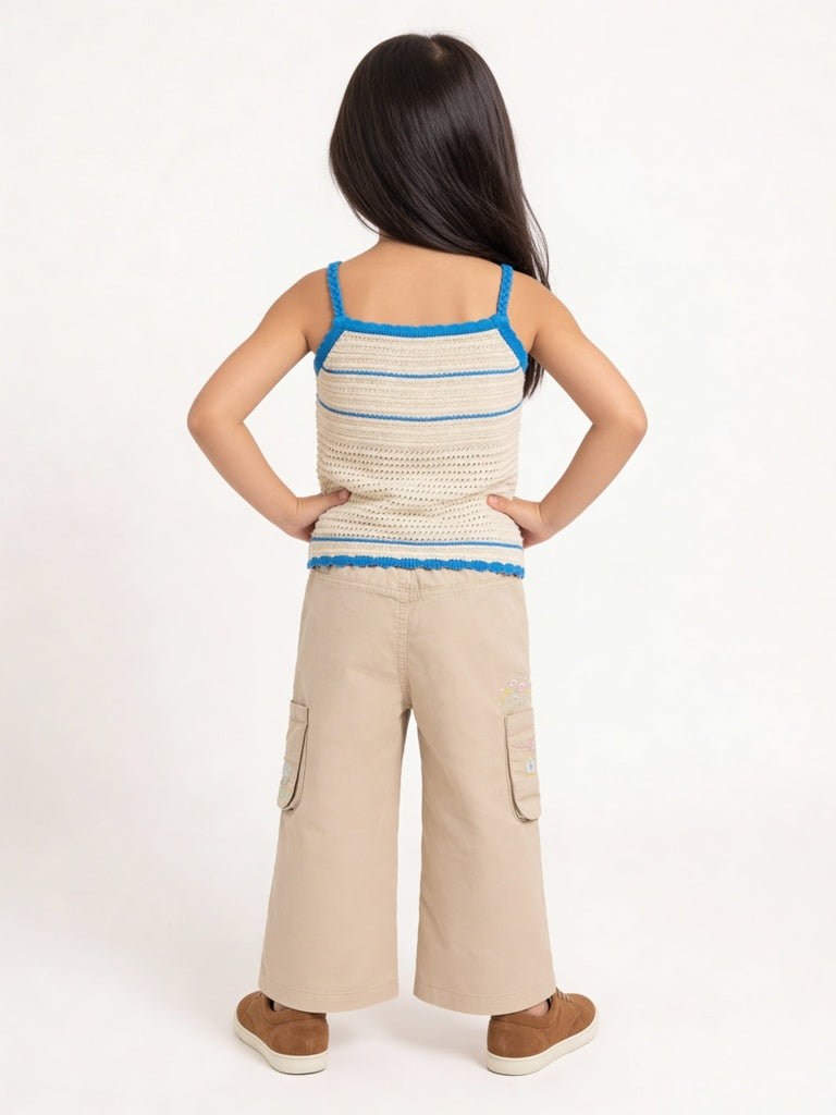 HOP Kids Girls Beige Floral Embroidered High-Rise Cotton Pants