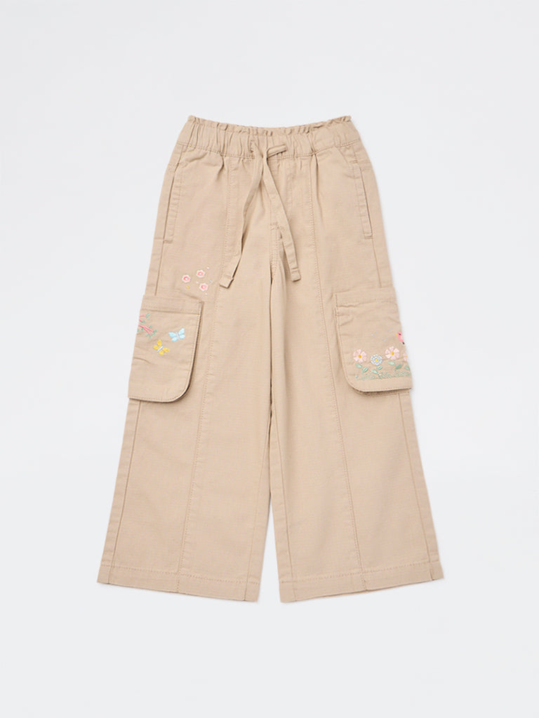 HOP Kids Girls Beige Floral Embroidered High-Rise Cotton Pants