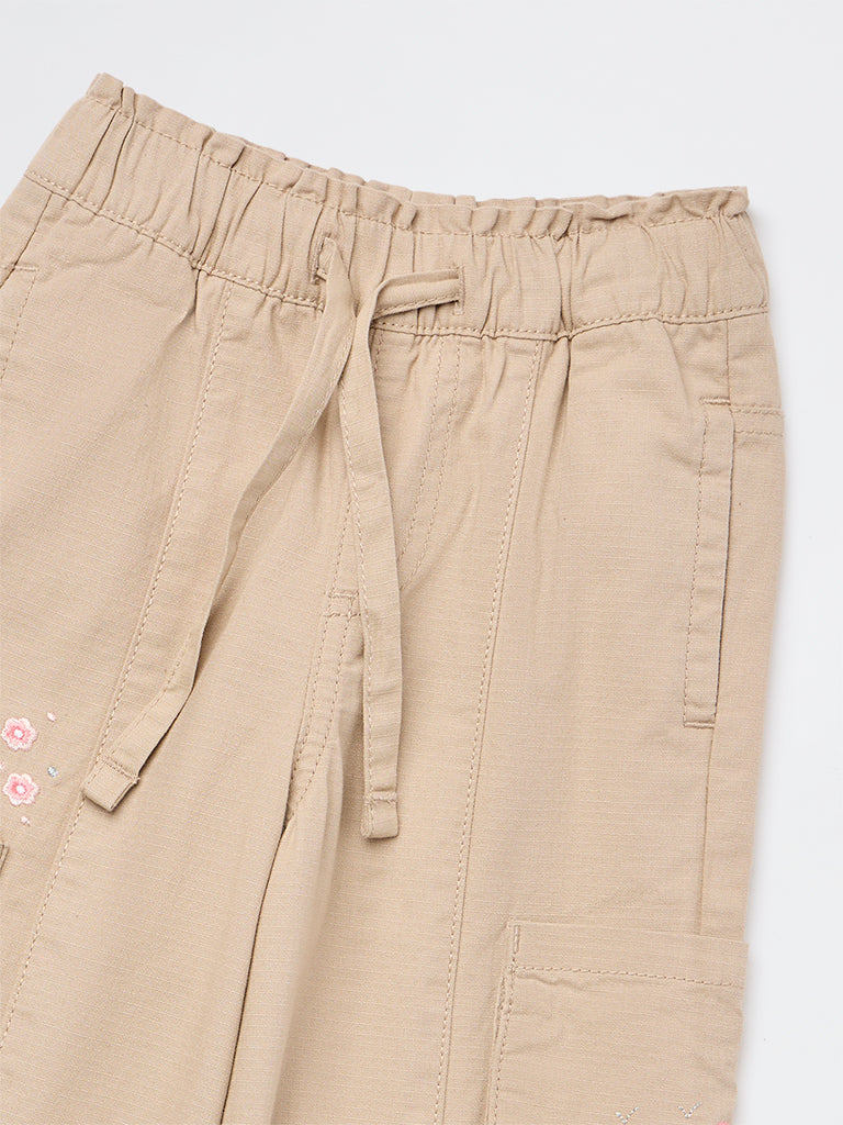 HOP Kids Girls Beige Floral Embroidered High-Rise Cotton Pants